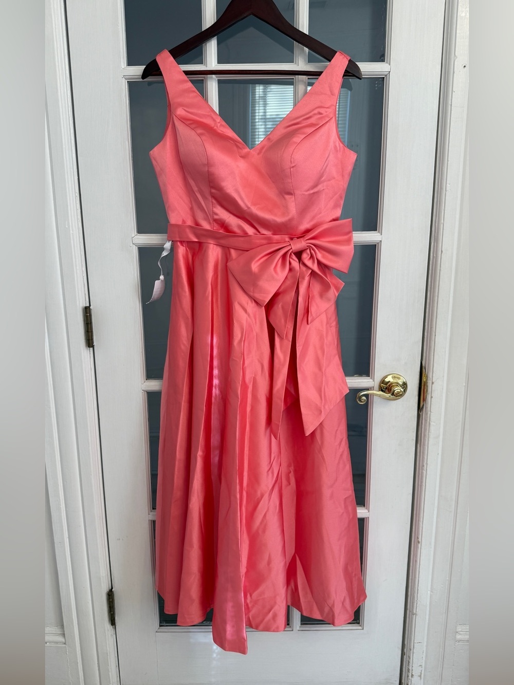 MISS VEIL Women's Pink Satin Sleeveless V-Neck Bow Waist Midi Formal Dress